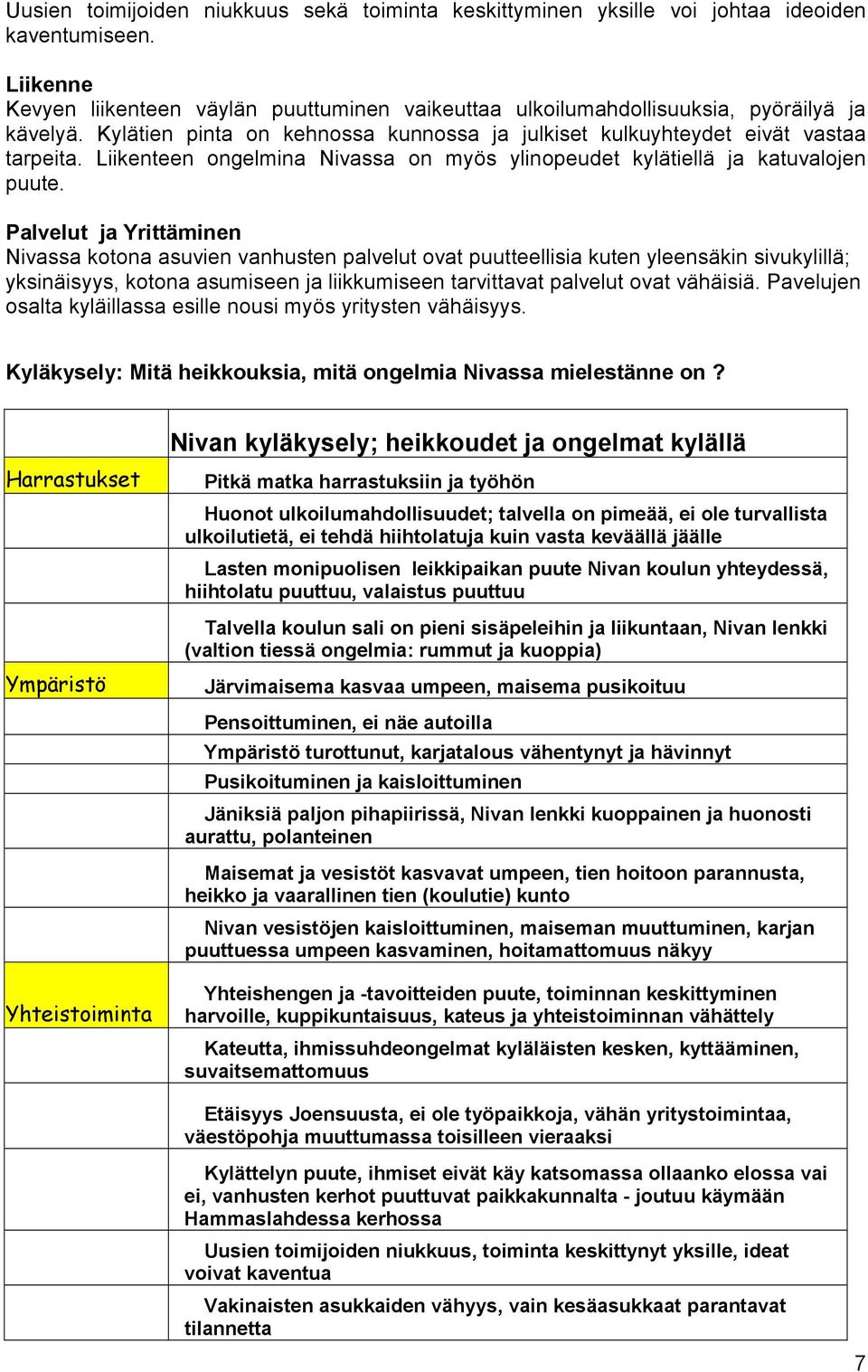 Liikenteen ongelmina Nivassa on myös ylinopeudet kylätiellä ja katuvalojen puute.