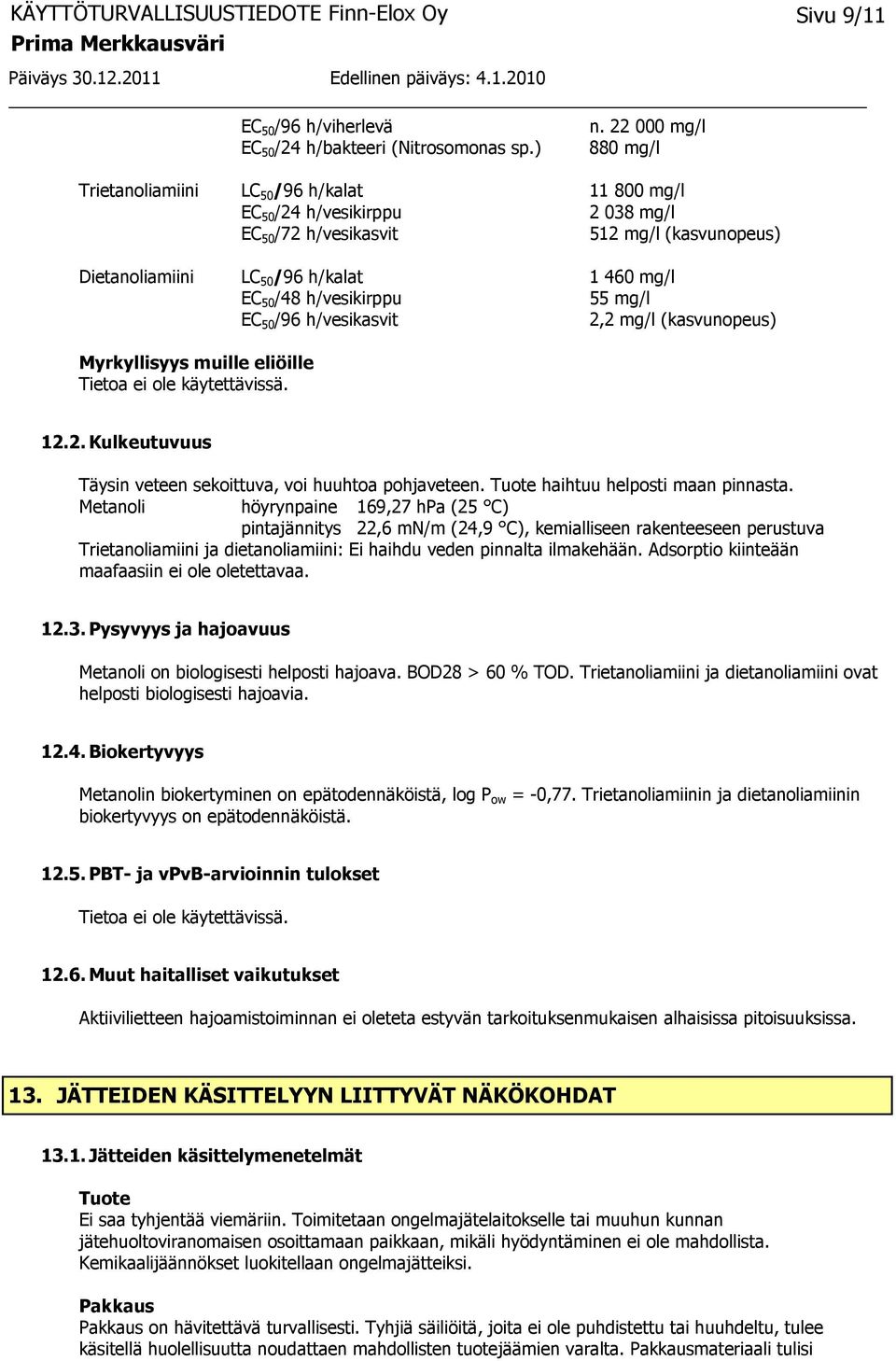 /48 h/vesikirppu 55 mg/l EC 50 /96 h/vesikasvit 2,2 mg/l (kasvunopeus) Myrkyllisyys muille eliöille 12.2. Kulkeutuvuus Täysin veteen sekoittuva, voi huuhtoa pohjaveteen.