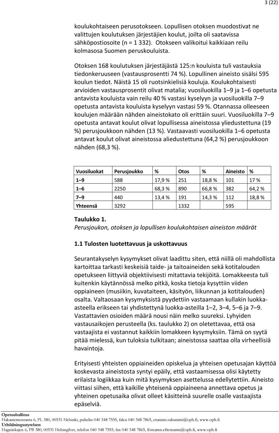 Lopullinen aineisto sisälsi 595 koulun tiedot. Näistä 15 oli ruotsinkielisiä kouluja.