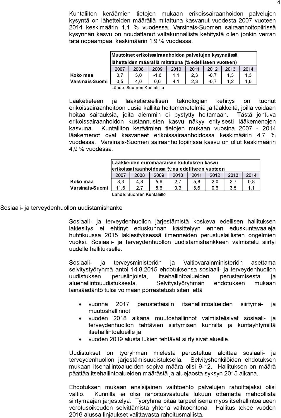 4 Sosiaali- ja terveydenhuollon uudistamishanke Muutokset erikoissairaanhoidon palvelujen kysynnässä lähetteiden määrällä mitattuna (% edelliseen vuoteen) 2007 2008 2009 2010 2011 2012 2013 2014 Koko