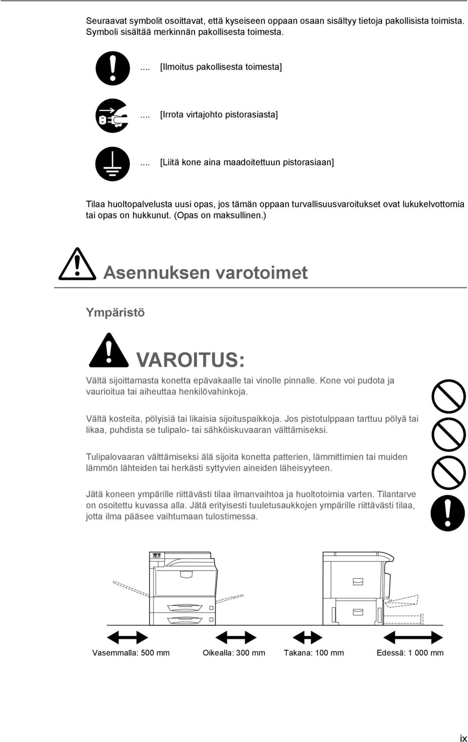 (Opas on maksullinen.) Asennuksen varotoimet Ympäristö VAROITUS: Vältä sijoittamasta konetta epävakaalle tai vinolle pinnalle. Kone voi pudota ja vaurioitua tai aiheuttaa henkilövahinkoja.