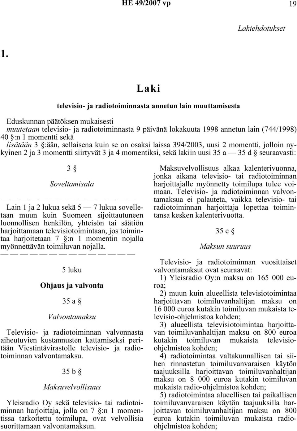 momentti sekä lisätään 3 :ään, sellaisena kuin se on osaksi laissa 394/2003, uusi 2 momentti, jolloin nykyinen 2 ja 3 momentti siirtyvät 3 ja 4 momentiksi, sekä lakiin uusi 35 a 35 d seuraavasti: 3