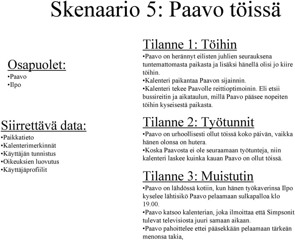 Eli etsii bussireitin ja aikataulun, millä pääsee nopeiten töihin kyseisestä paikasta. Tilanne 2: Työtunnit on urhoollisesti ollut töissä koko päivän, vaikka hänen olonsa on hutera.