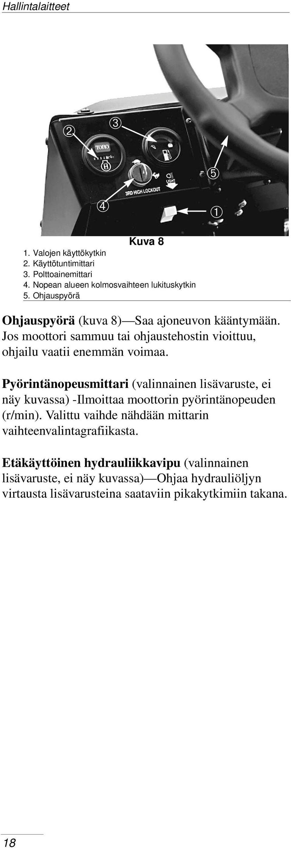 Pyörintänopeusmittari (valinnainen lisävaruste, ei näy kuvassa) -Ilmoittaa moottorin pyörintänopeuden (r/min).