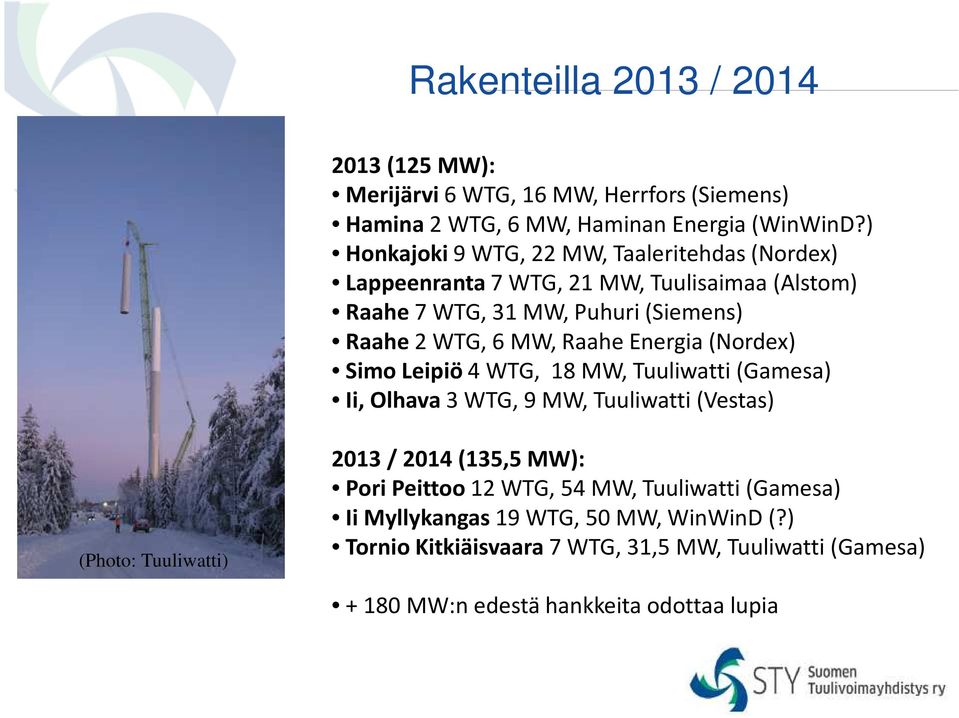 Raahe Energia (Nordex) Simo Leipiö 4 WTG, 18 MW, Tuuliwatti (Gamesa) Ii, Olhava 3 WTG, 9 MW, Tuuliwatti (Vestas) (Photo: Tuuliwatti) 2013 / 2014 (135,5 MW):