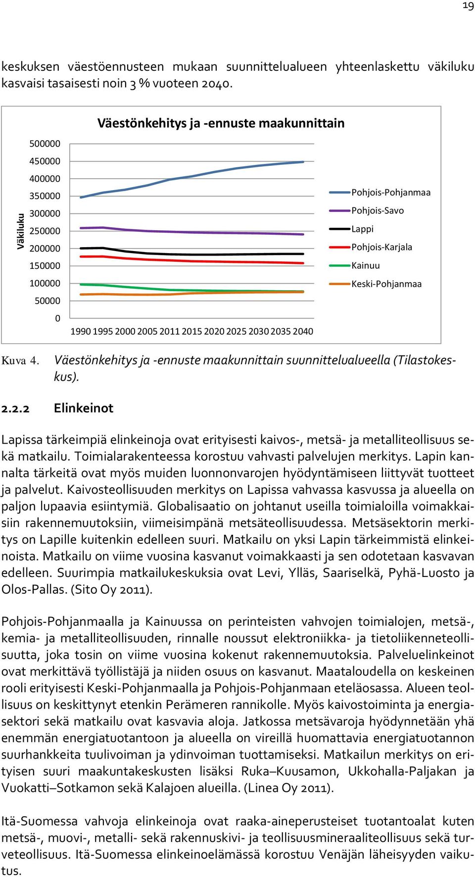 2000 2005 2011 2015 2020 2025 2030 2035 2040 Kuva 4. Väestönkehitys ja -ennuste maakunnittain suunnittelualueella (Tilastokeskus). 2.2.2 Elinkeinot Lapissa tärkeimpiä elinkeinoja ovat erityisesti kaivos-, metsä- ja metalliteollisuus sekä matkailu.