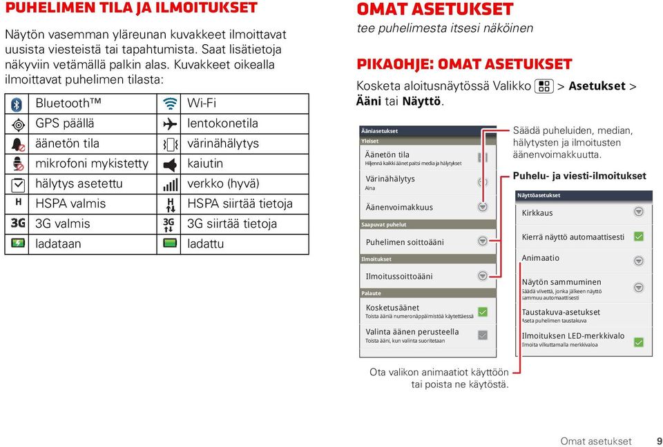 verkko (hyvä) HSPA siirtää tietoja 3G siirtää tietoja ladattu Omat asetukset tee puhelimesta itsesi näköinen Pikaohje: omat asetukset Kosketa aloitusnäytössä Valikko > Asetukset > Ääni tai Näyttö.