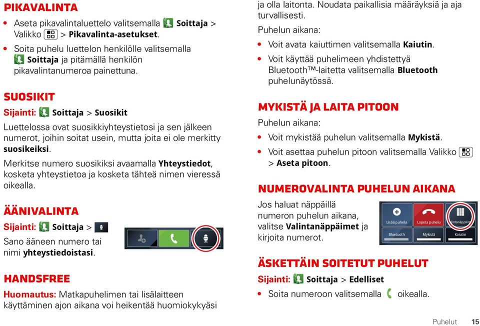 Suosikit Sijainti: Soittaja > Suosikit Luettelossa ovat suosikkiyhteystietosi ja sen jälkeen numerot, joihin soitat usein, mutta joita ei ole merkitty suosikeiksi.