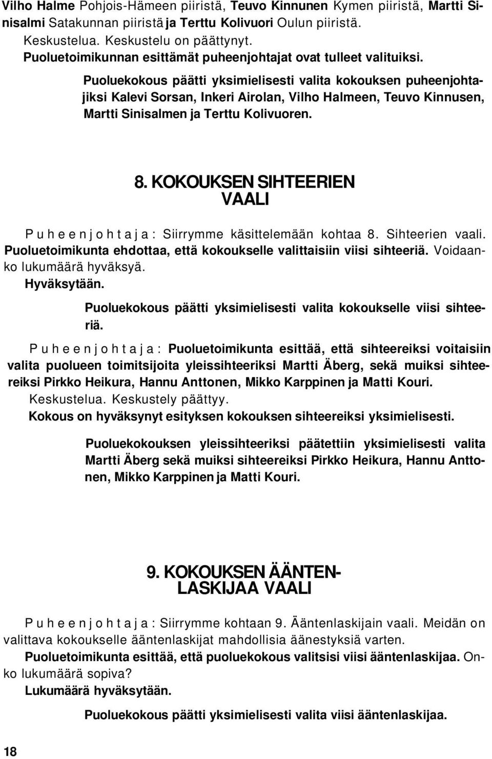 Puoluekokous päätti yksimielisesti valita kokouksen puheenjohtajiksi Kalevi Sorsan, Inkeri Airolan, Vilho Halmeen, Teuvo Kinnusen, Martti Sinisalmen ja Terttu Kolivuoren. 8.