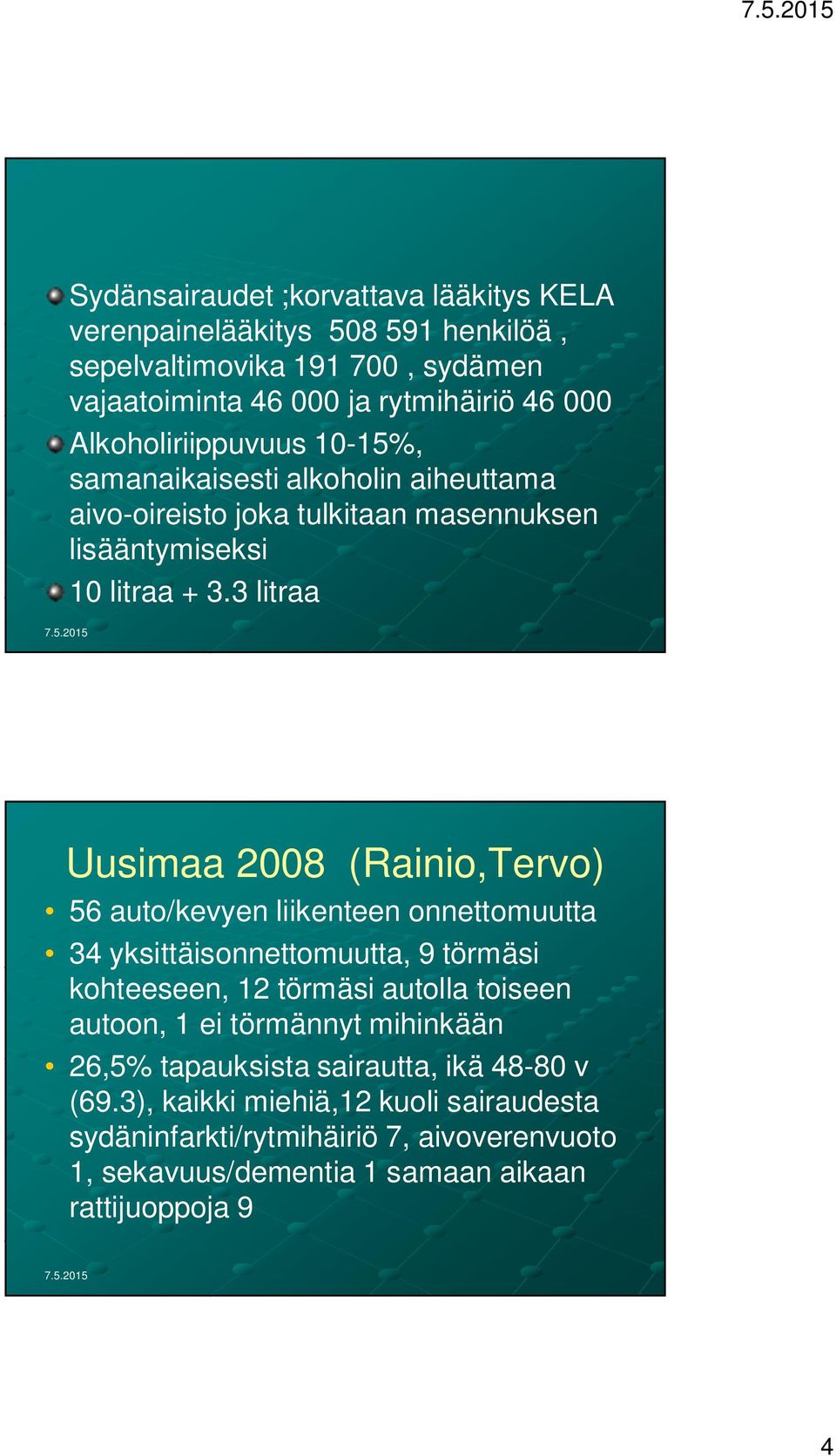 3 litraa Uusimaa 2008 (Rainio,Tervo) 56 auto/kevyen liikenteen onnettomuutta 34 yksittäisonnettomuutta, 9 törmäsi kohteeseen, 12 törmäsi autolla toiseen autoon, 1