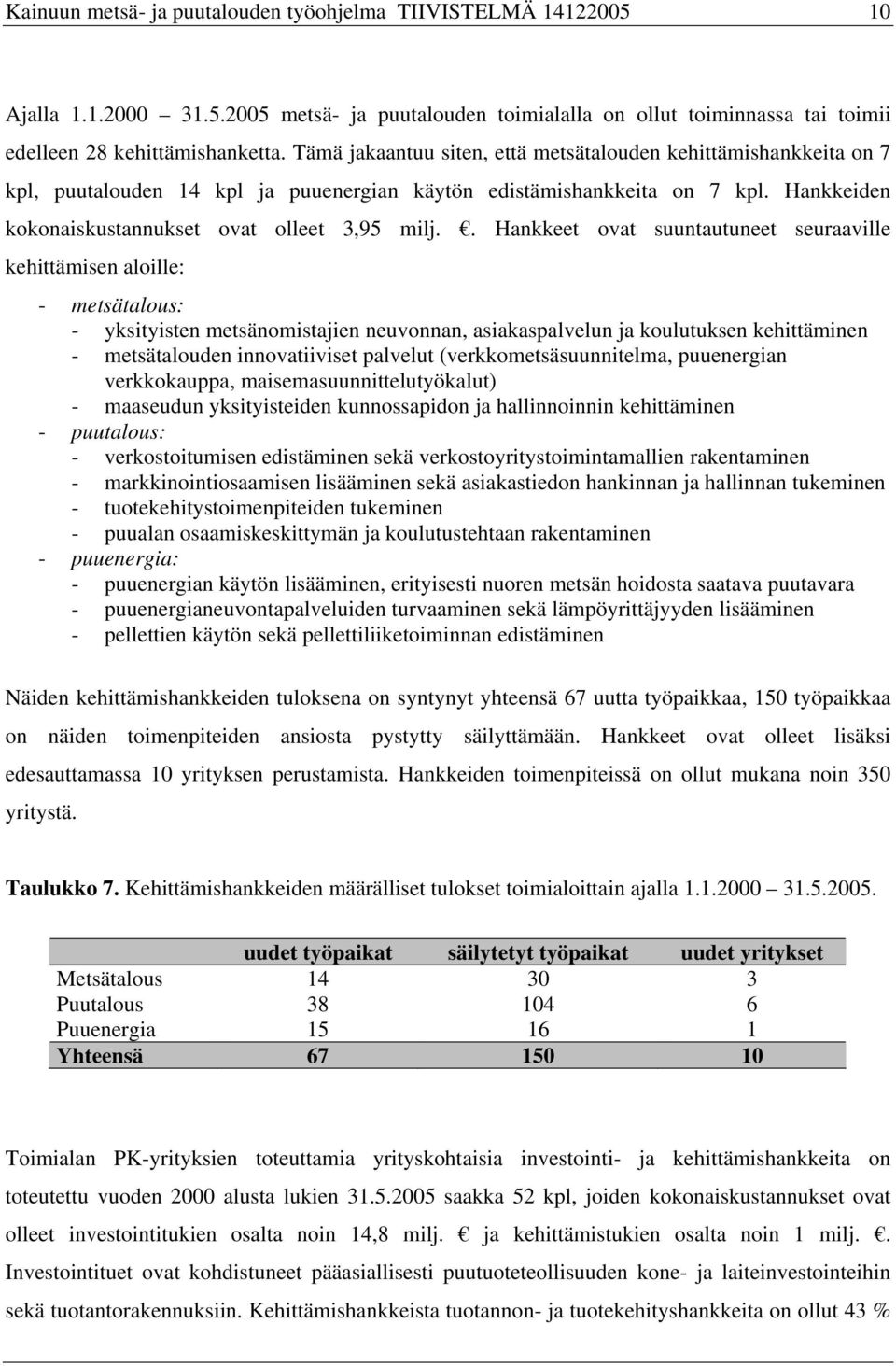 . Hankkeet ovat suuntautuneet seuraaville kehittämisen aloille: - metsätalous: - yksityisten metsänomistajien neuvonnan, asiakaspalvelun ja koulutuksen kehittäminen - metsätalouden innovatiiviset