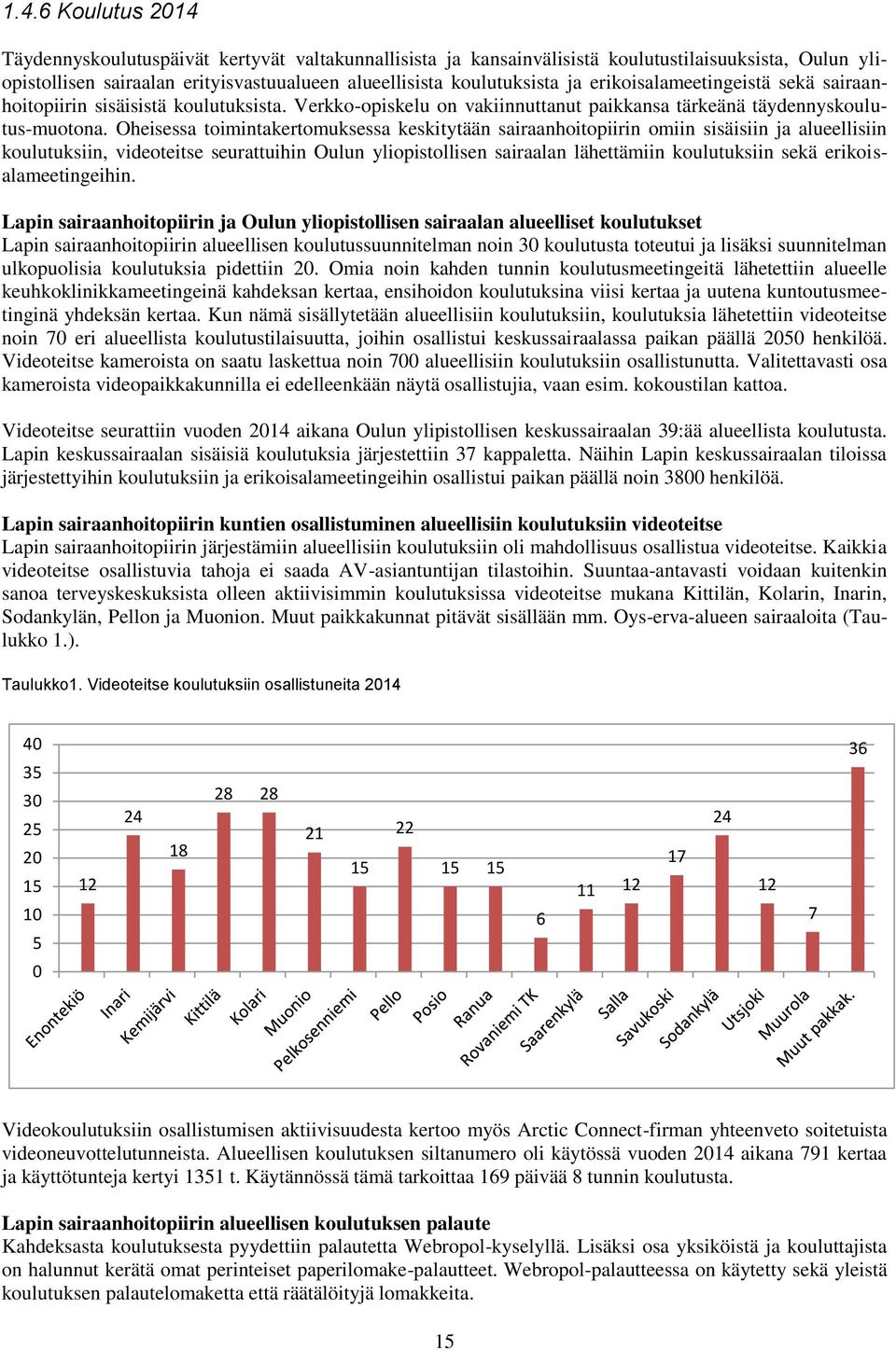 Oheisessa toimintakertomuksessa keskitytään sairaanhoitopiirin omiin sisäisiin ja alueellisiin koulutuksiin, videoteitse seurattuihin Oulun yliopistollisen sairaalan lähettämiin koulutuksiin sekä