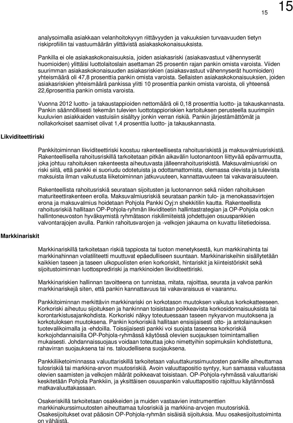 Viiden suurimman asiakaskokonaisuuden asiakasriskien (asiakasvastuut vähennyserät huomioiden) yhteismäärä oli 47,8 prosenttia pankin omista varoista.