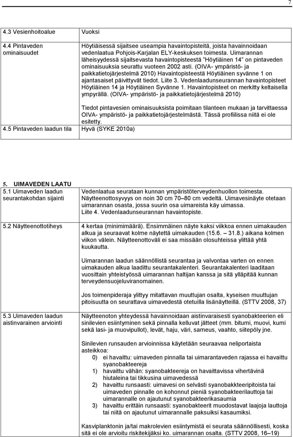 (OIVA- ympäristö- ja paikkatietojärjestelmä 2010) Havaintopisteestä Höytiäinen syvänne 1 on ajantasaiset päivittyvät tiedot. Liite 3.