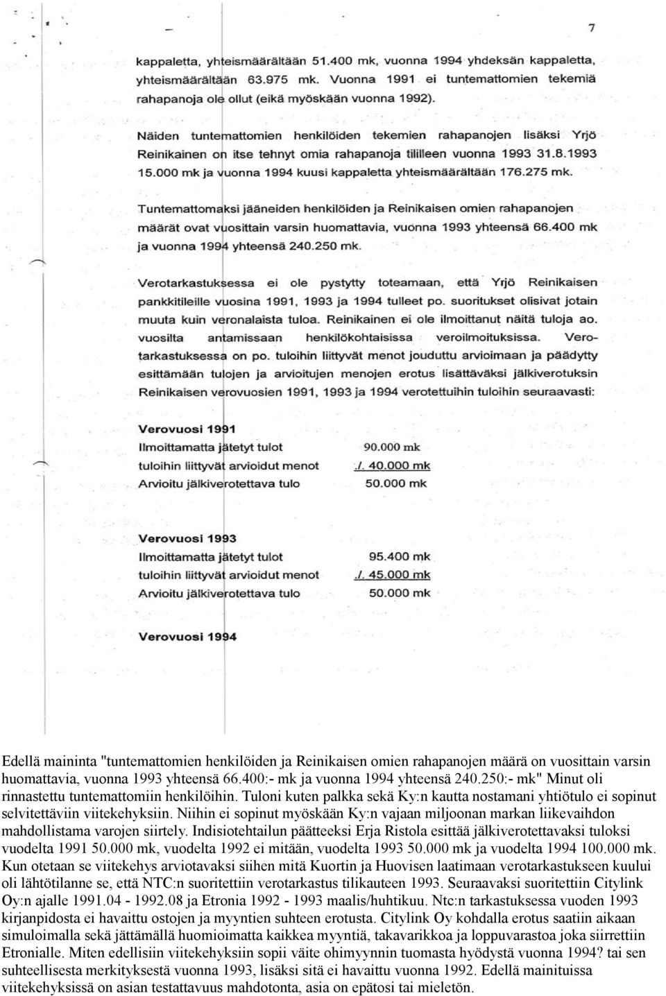 Niihin ei sopinut myöskään Ky:n vajaan miljoonan markan liikevaihdon mahdollistama varojen siirtely. Indisiotehtailun päätteeksi Erja Ristola esittää jälkiverotettavaksi tuloksi vuodelta 1991 50.