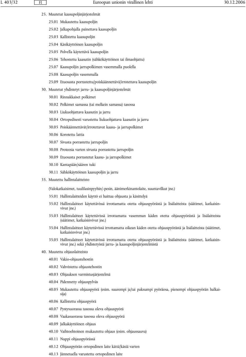 09 Etuosasta porrastettu/poiskäännettävä/irrotettava kaasupoljin 30. Muutetut yhdistetyt jarru- ja kaasupoljinjärjestelmät 30.01 Rinnakkaiset polkimet 30.