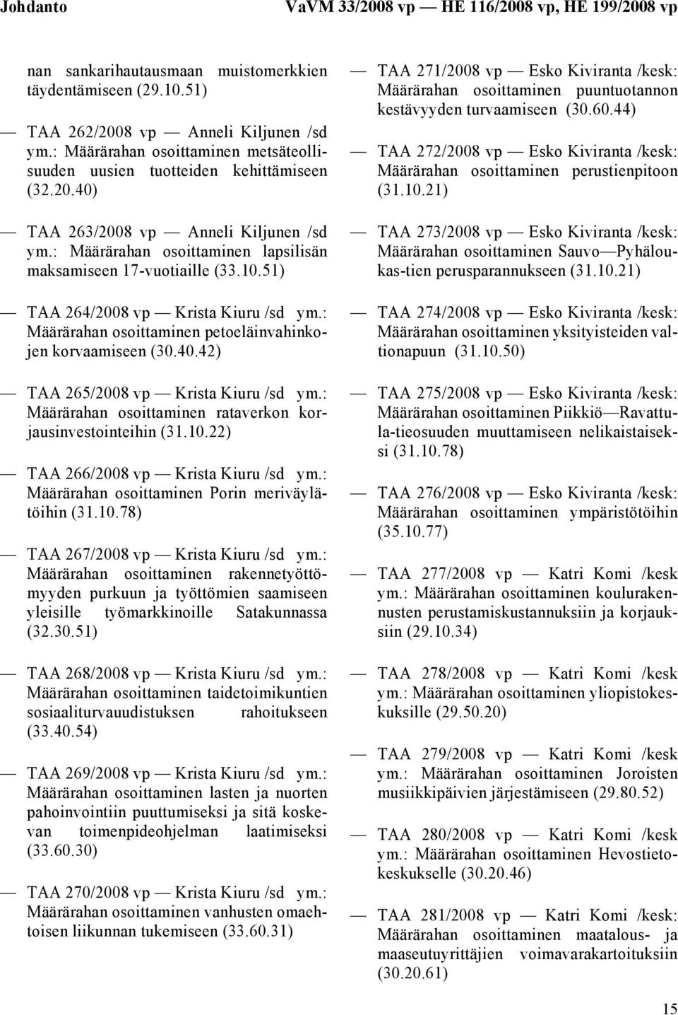 51) TAA 264/2008 vp Krista Kiuru /sd ym.: Määrärahan osoittaminen petoeläinvahinkojen korvaamiseen (30.40.42) TAA 265/2008 vp Krista Kiuru /sd ym.