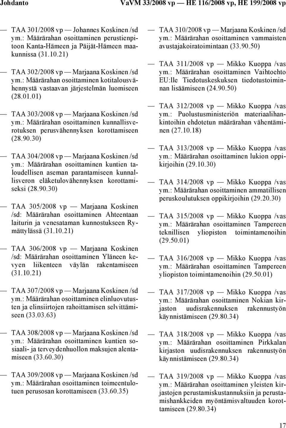 : Määrärahan osoittaminen kotitalousvähennystä vastaavan järjestelmän luomiseen (28.01.01) TAA 303/2008 vp Marjaana Koskinen /sd ym.