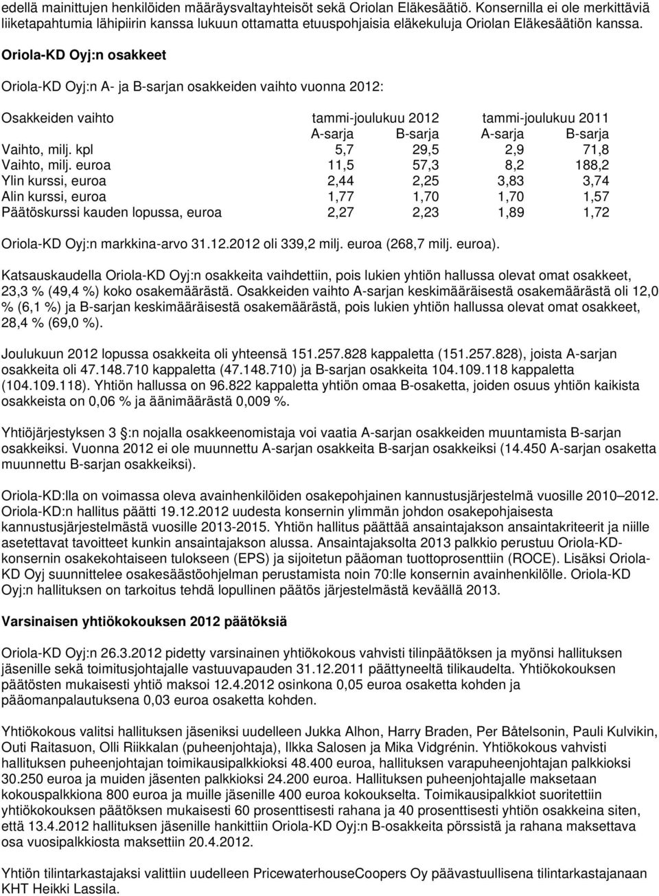 Oriola-KD Oyj:n osakkeet Oriola-KD Oyj:n A- ja B-sarjan osakkeiden vaihto vuonna 2012: Osakkeiden vaihto tammi-joulukuu 2012 tammi-joulukuu 2011 A-sarja B-sarja A-sarja B-sarja Vaihto, milj.