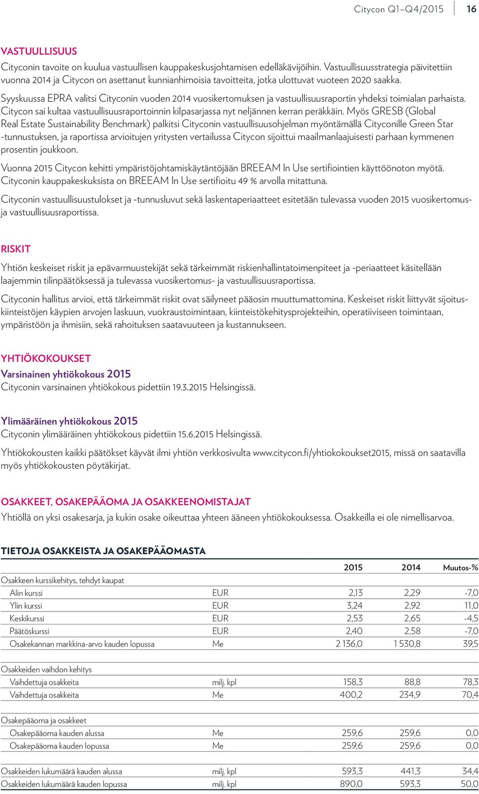 Syyskuussa EPRA valitsi Cityconin vuoden 2014 vuosikertomuksen ja vastuullisuusraportin yhdeksi toimialan parhaista.