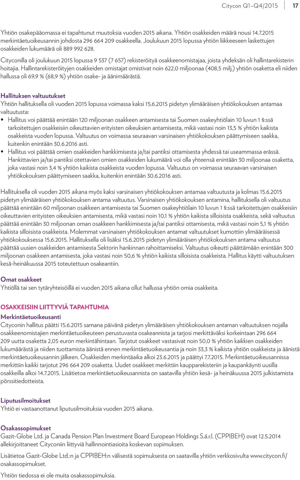Cityconilla oli joulukuun 2015 lopussa 9 537 (7 657) rekisteröityä osakkeenomistajaa, joista yhdeksän oli hallintarekisterin hoitajia.