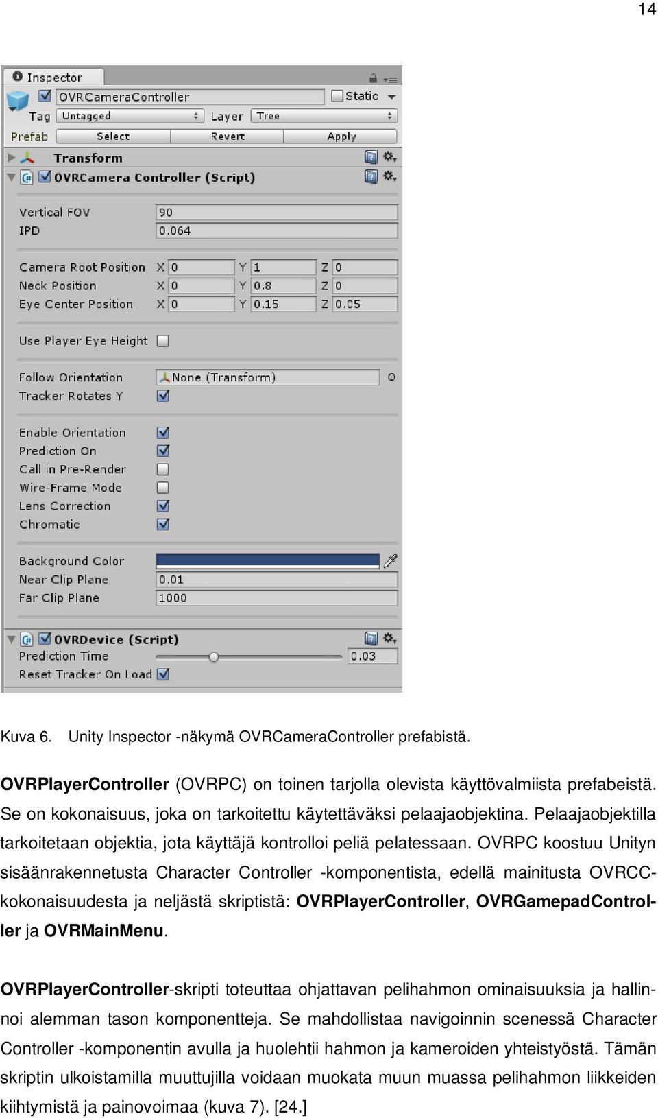 OVRPC koostuu Unityn sisäänrakennetusta Character Controller -komponentista, edellä mainitusta OVRCCkokonaisuudesta ja neljästä skriptistä: OVRPlayerController, OVRGamepadController ja OVRMainMenu.