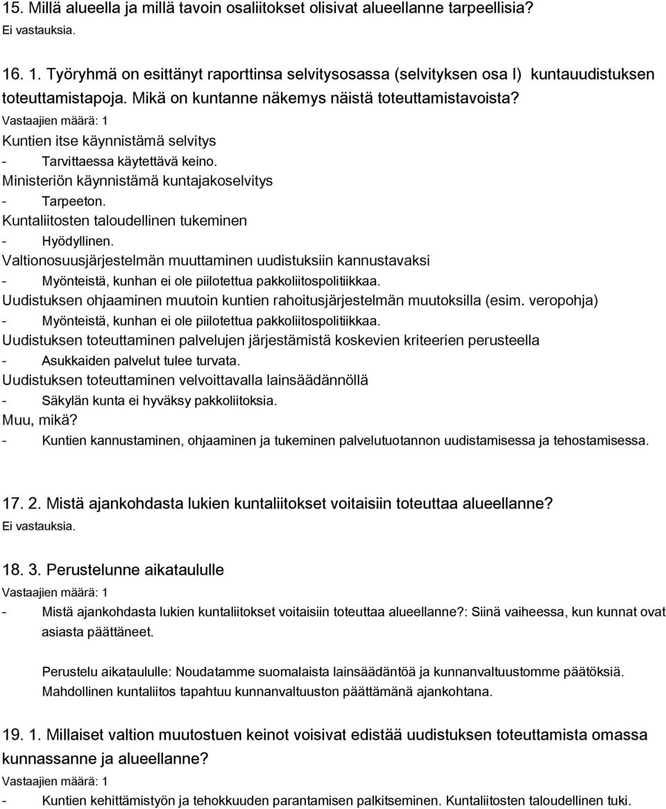 Kuntien itse käynnistämä selvitys - Tarvittaessa käytettävä keino. Ministeriön käynnistämä kuntajakoselvitys - Tarpeeton. Kuntaliitosten taloudellinen tukeminen - Hyödyllinen.