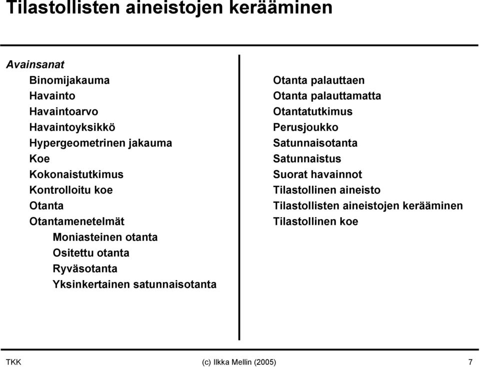 satunnaisotanta Otanta palauttaen Otanta palauttamatta Otantatutkimus Perusjoukko Satunnaisotanta Satunnaistus