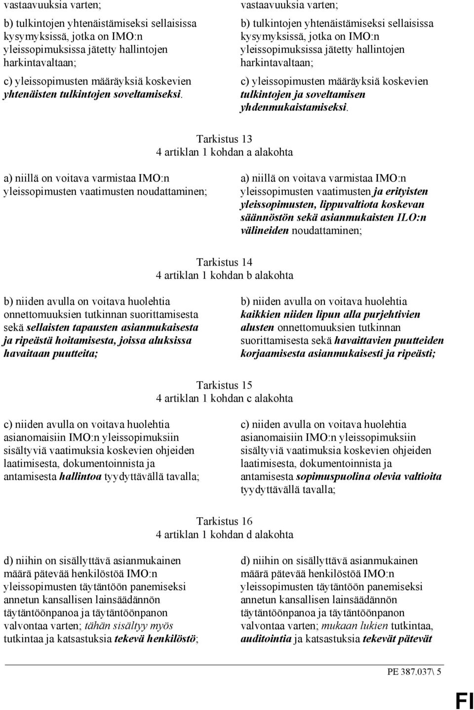 Tarkistus 13 4 artiklan 1 kohdan a alakohta a) niillä on voitava varmistaa IMO:n yleissopimusten vaatimusten noudattaminen; a) niillä on voitava varmistaa IMO:n yleissopimusten vaatimusten ja