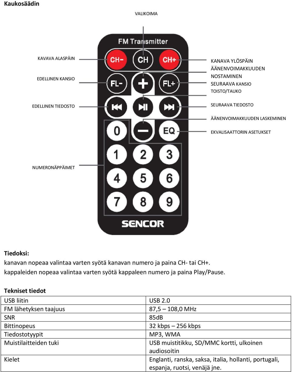 kappaleiden nopeaa valintaa varten syötä kappaleen numero ja paina Play/Pause. Tekniset tiedot USB liitin USB 2.