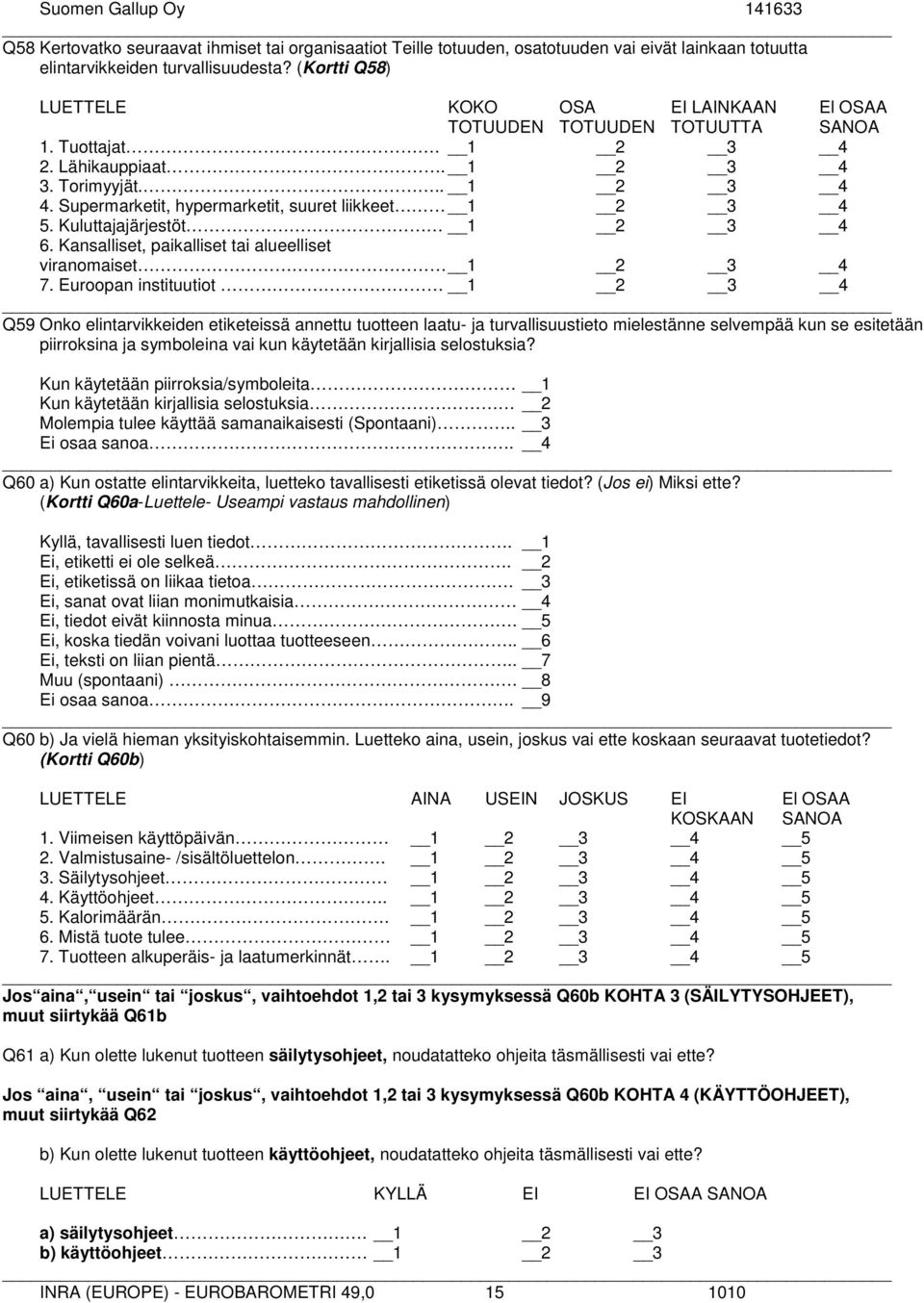 Supermarketit, hypermarketit, suuret liikkeet 1 2 3 4 5. Kuluttajajärjestöt 1 2 3 4 6. Kansalliset, paikalliset tai alueelliset viranomaiset 1 2 3 4 7.