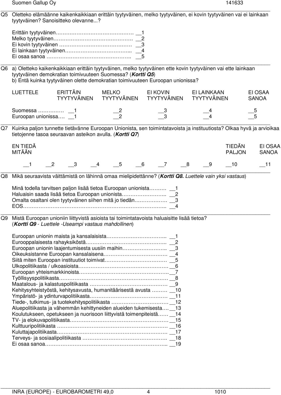 5 Q6 a) Oletteko kaikenkaikkiaan erittäin tyytyväinen, melko tyytyväinen ette kovin tyytyväinen vai ette lainkaan tyytyväinen demokratian toimivuuteen Suomessa?