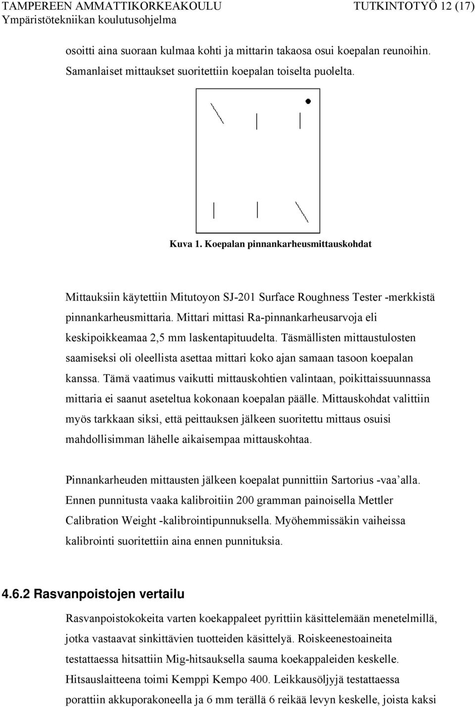 Mittari mittasi Ra-pinnankarheusarvoja eli keskipoikkeamaa 2,5 mm laskentapituudelta. Täsmällisten mittaustulosten saamiseksi oli oleellista asettaa mittari koko ajan samaan tasoon koepalan kanssa.