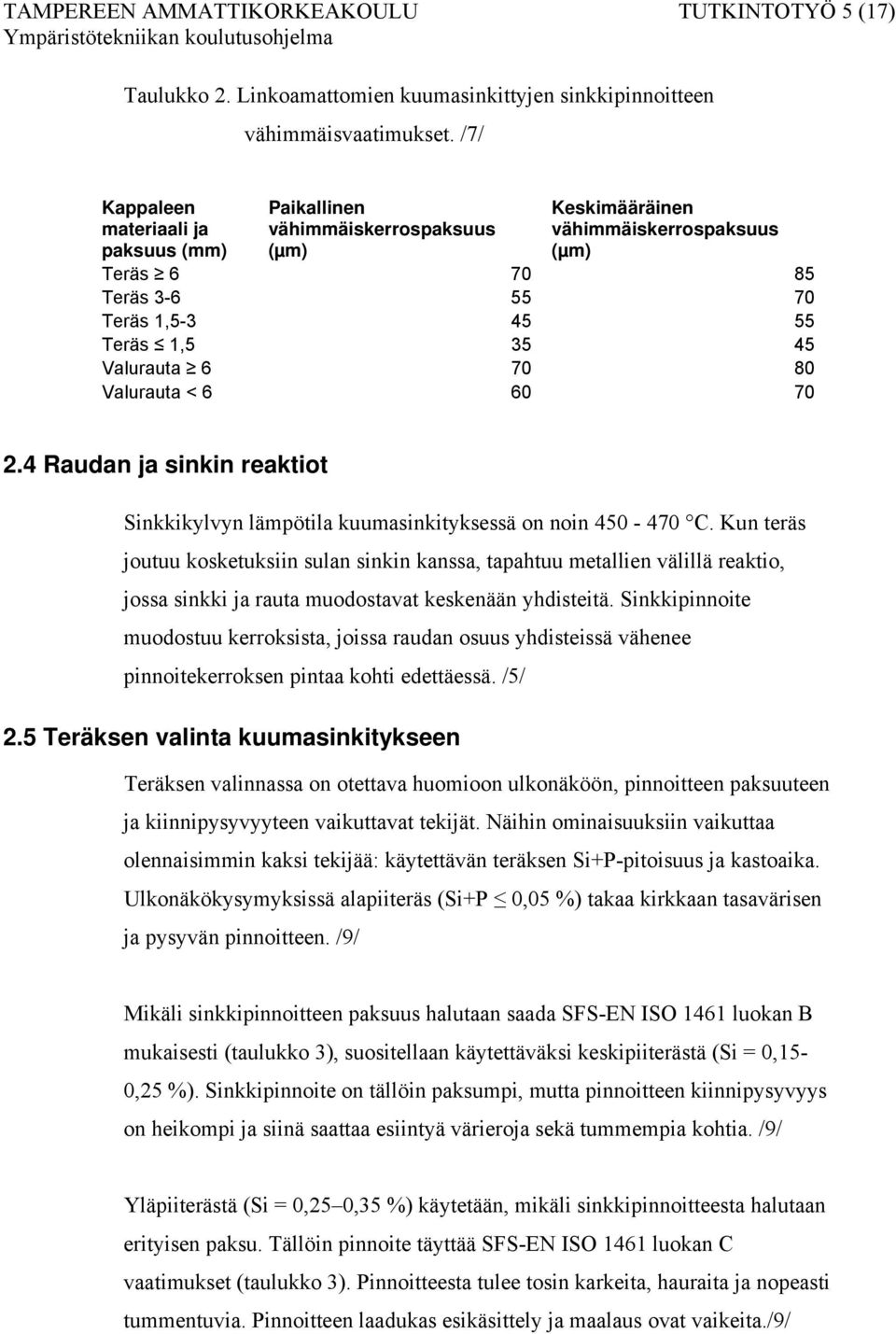 70 80 Valurauta < 6 60 70 2.4 Raudan ja sinkin reaktiot Sinkkikylvyn lämpötila kuumasinkityksessä on noin 450-470 C.