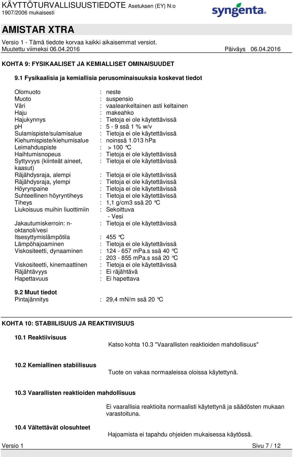 : 5-9 ssä 1 % w/v Sulamispiste/sulamisalue : Tietoja ei ole käytettävissä Kiehumispiste/kiehumisalue : noinssä 1.