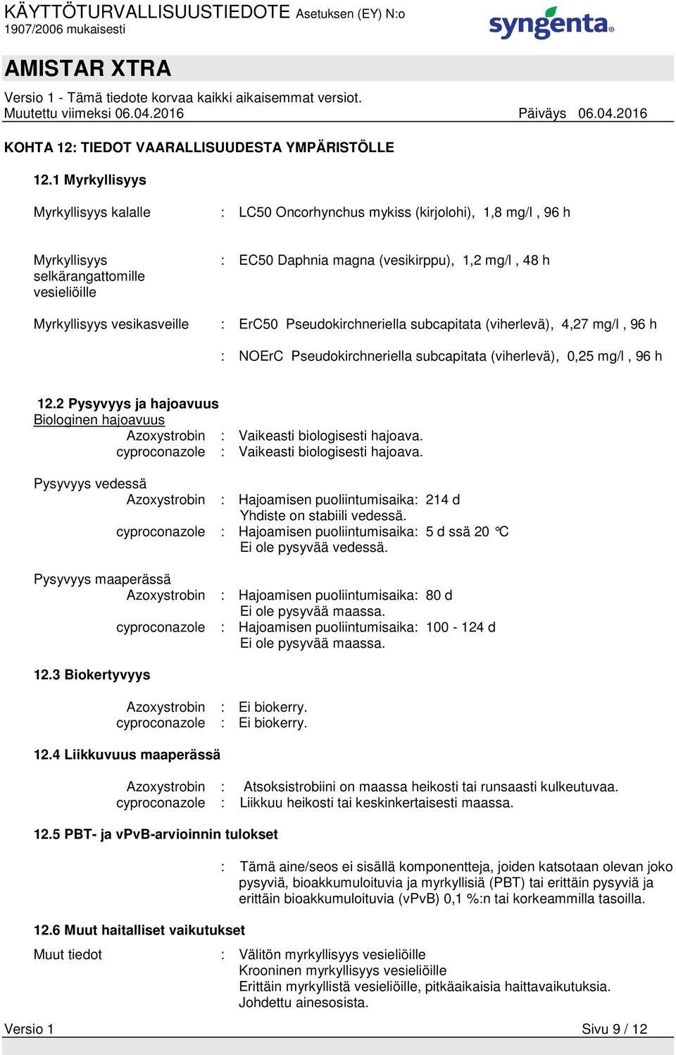 vesikasveille : ErC50 Pseudokirchneriella subcapitata (viherlevä), 4,27 mg/l, 96 h : NOErC Pseudokirchneriella subcapitata (viherlevä), 0,25 mg/l, 96 h 12.