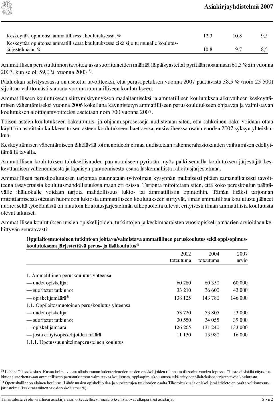 Pääluokan selvitysosassa on asetettu tavoitteeksi, että perusopetuksen vuonna päättävistä 38,5 % (noin 25 5) sijoittuu välittömästi samana vuonna ammatilliseen koulutukseen.
