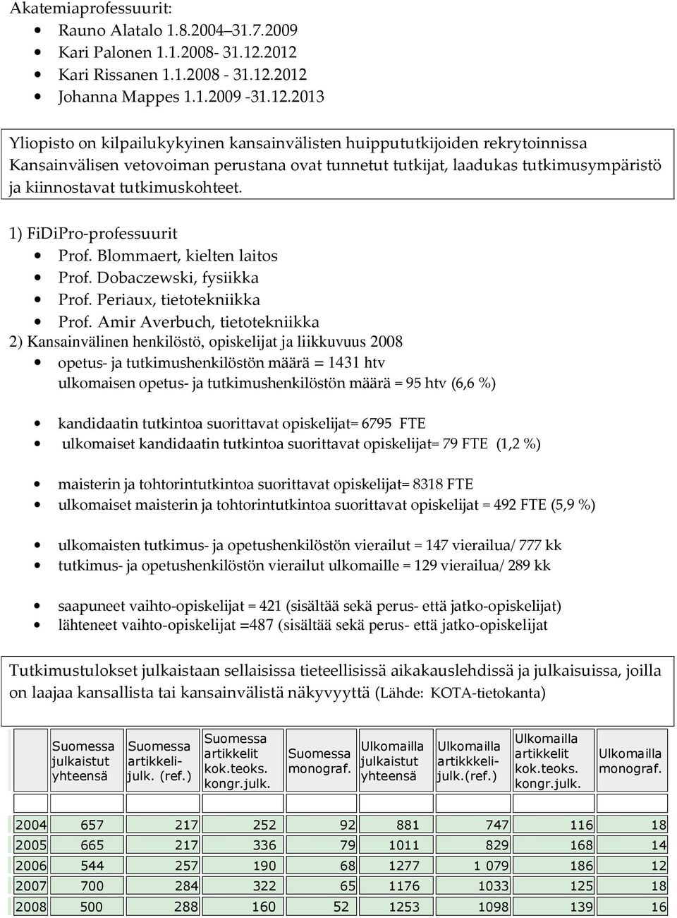 tunnetut tutkijat, laadukas tutkimusympäristö ja kiinnostavat tutkimuskohteet. 1) FiDiPro-professuurit Prof. Blommaert, kielten laitos Prof. Dobaczewski, fysiikka Prof. Periaux, tietotekniikka Prof.
