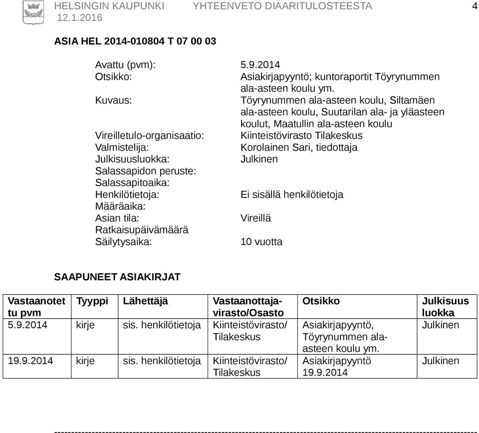 Kiinteistövirasto Tilakeskus Korolainen Sari, tiedottaja : Ei sisällä henkilötietoja Vireillä Ratkaisupäivämäärä 10 vuotta 5.9.2014 kirje sis.