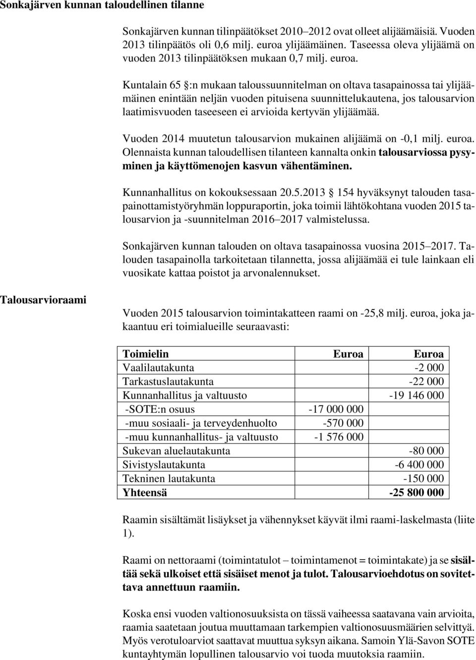 Kuntalain 65 :n mukaan taloussuunnitelman on oltava tasapainossa tai ylijäämäinen enintään neljän vuoden pituisena suunnittelukautena, jos talousarvion laatimisvuoden taseeseen ei arvioida kertyvän