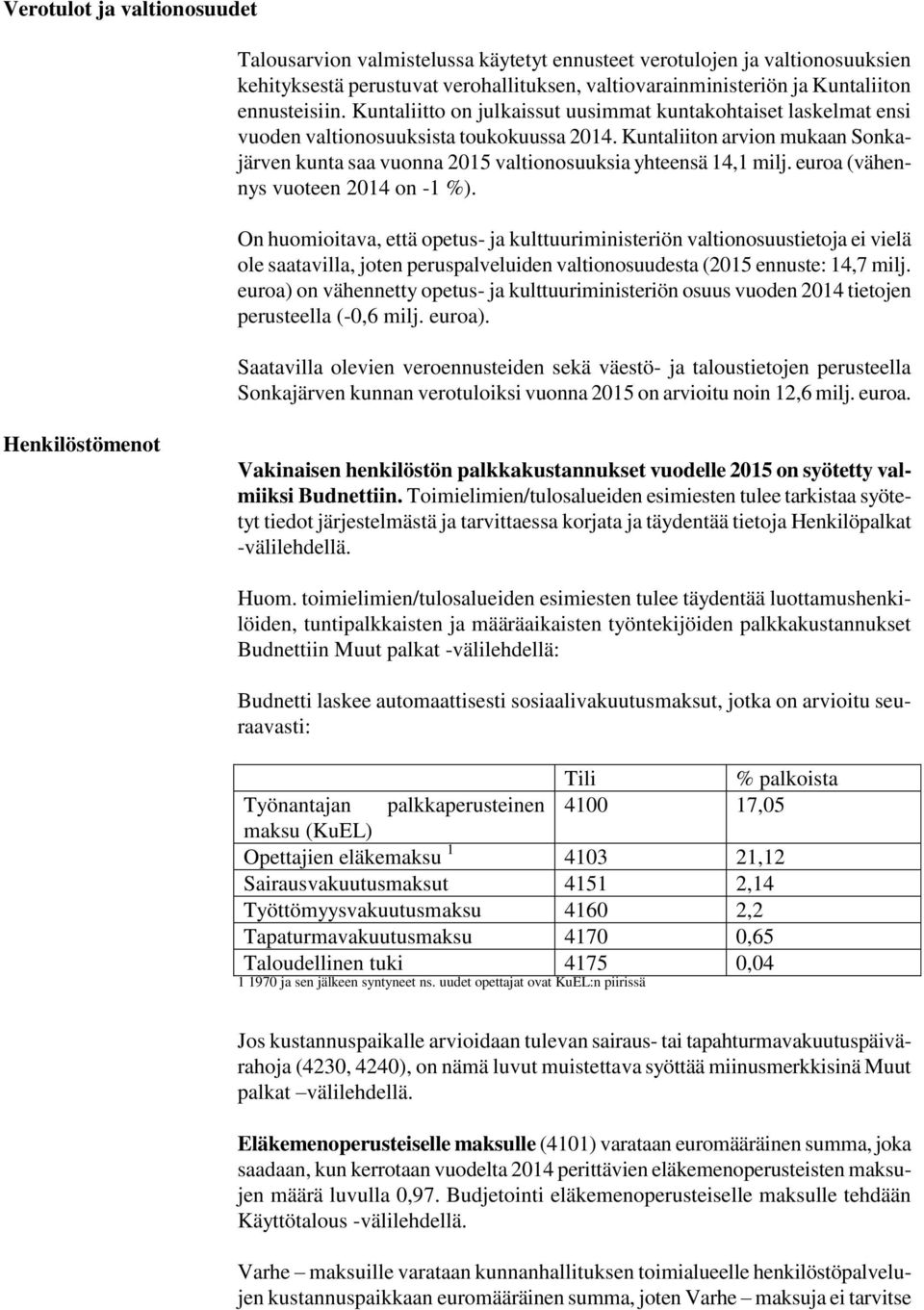 Kuntaliiton arvion mukaan Sonkajärven kunta saa vuonna 2015 valtionosuuksia yhteensä 14,1 milj. euroa (vähennys vuoteen 2014 on -1 %).