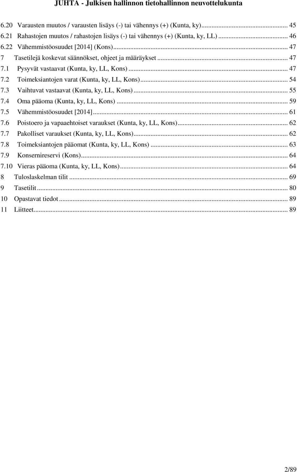 3 Vaihtuvat vastaavat (Kunta, ky, LL, )... 55 7.4 Oma pääoma (Kunta, ky, LL, )... 59 7.5 Vähemmistöosuudet [2014]... 61 7.6 Poistoero ja vapaaehtoiset varaukset (Kunta, ky, LL, )... 62 7.