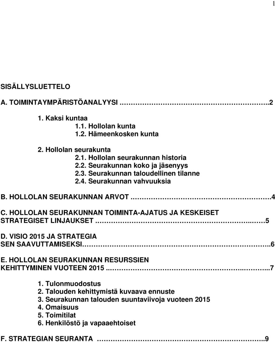 .. 5 D. VISIO 2015 JA STRATEGIA SEN SAAVUTTAMISEKSI..6 E. HOLLOLAN SEURAKUNNAN RESURSSIEN KEHITTYMINEN VUOTEEN 2015.......7 1. Tulonmuodostus 2.