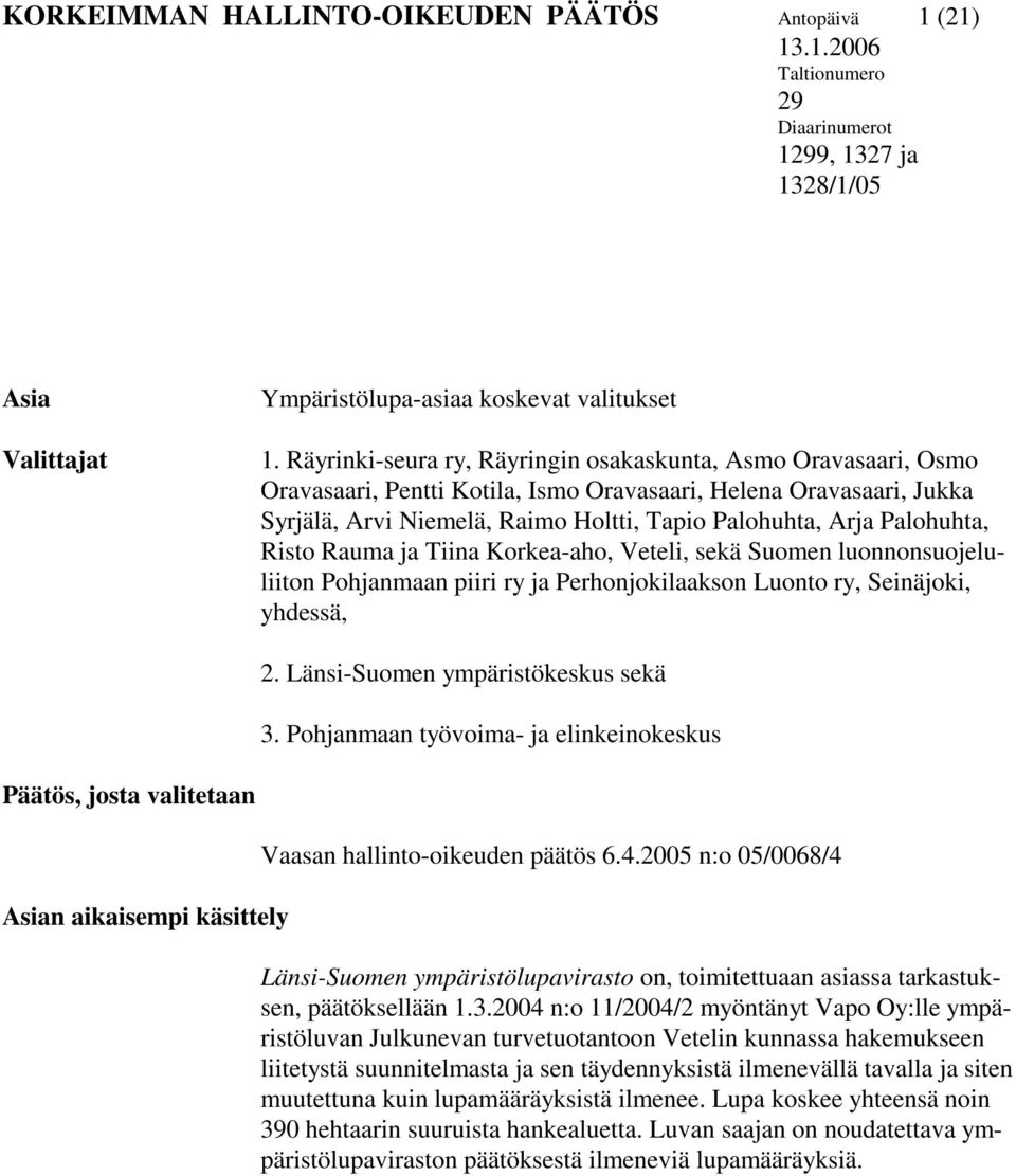 Palohuhta, Risto Rauma ja Tiina Korkea-aho, Veteli, sekä Suomen luonnonsuojeluliiton Pohjanmaan piiri ry ja Perhonjokilaakson Luonto ry, Seinäjoki, yhdessä, 2. Länsi-Suomen ympäristökeskus sekä 3.