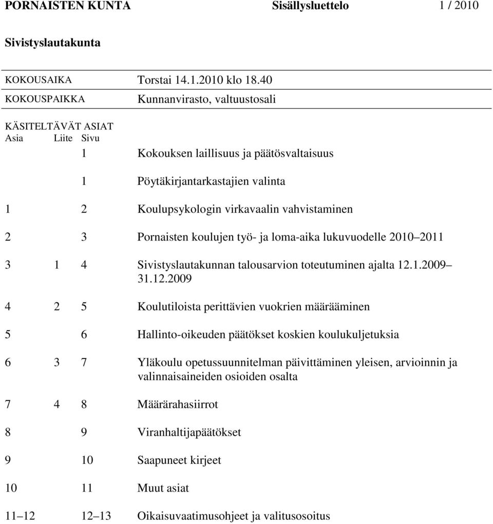 vahvistaminen 2 3 Pornaisten koulujen työ- ja loma-aika lukuvuodelle 2010 2011 3 1 4 Sivistyslautakunnan talousarvion toteutuminen ajalta 12.