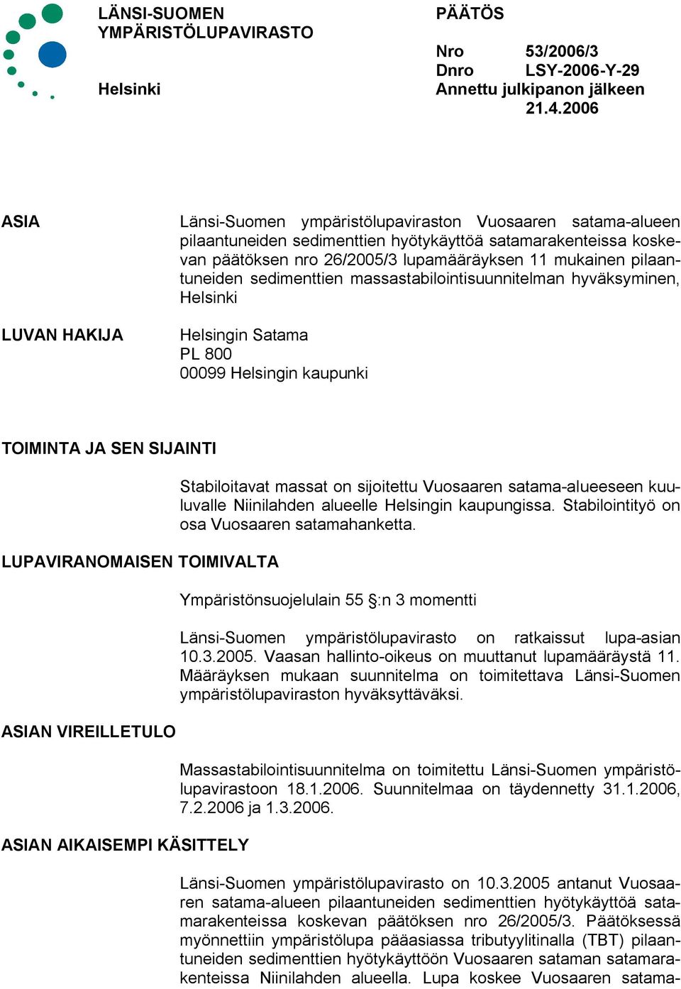 mukainen pilaantuneiden sedimenttien massastabilointisuunnitelman hyväksyminen, Helsinki Helsingin Satama PL 800 00099 Helsingin kaupunki TOIMINTA JA SEN SIJAINTI LUPAVIRANOMAISEN TOIMIVALTA ASIAN