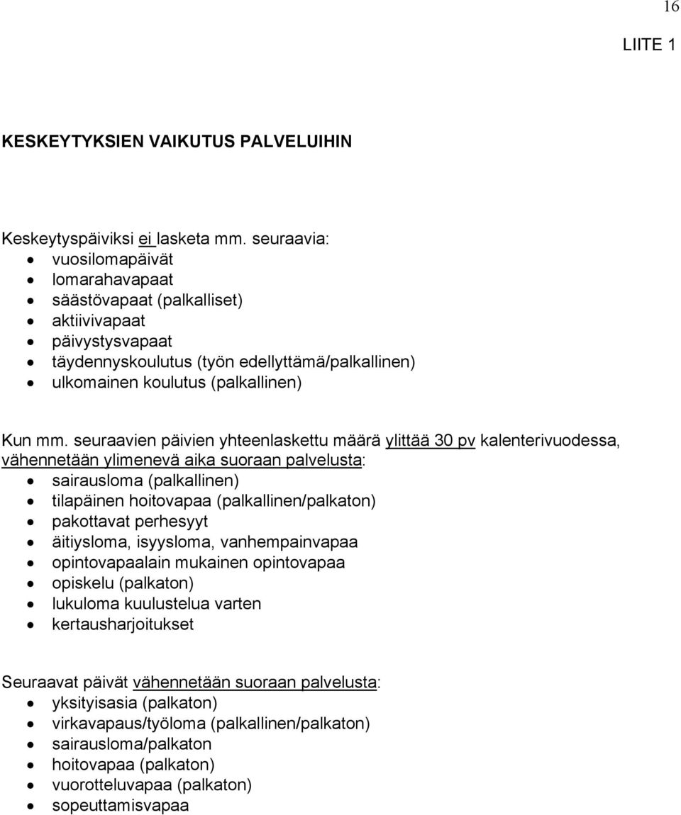 seuraavien päivien yhteenlaskettu määrä ylittää 30 pv kalenterivudessa, vähennetään ylimenevä aika suraan palvelusta: sairauslma (palkallinen) tilapäinen hitvapaa (palkallinen/palkatn) pakttavat