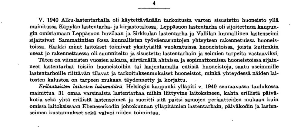 Kaikki muut laitokset toimivat yksityisiltä vuokratuissa huoneistoissa, joista kuitenkin useat jo rakennettaessa oli suunniteltu ja sisustettu lastentarhain ja seimien tarpeita vastaaviksi.