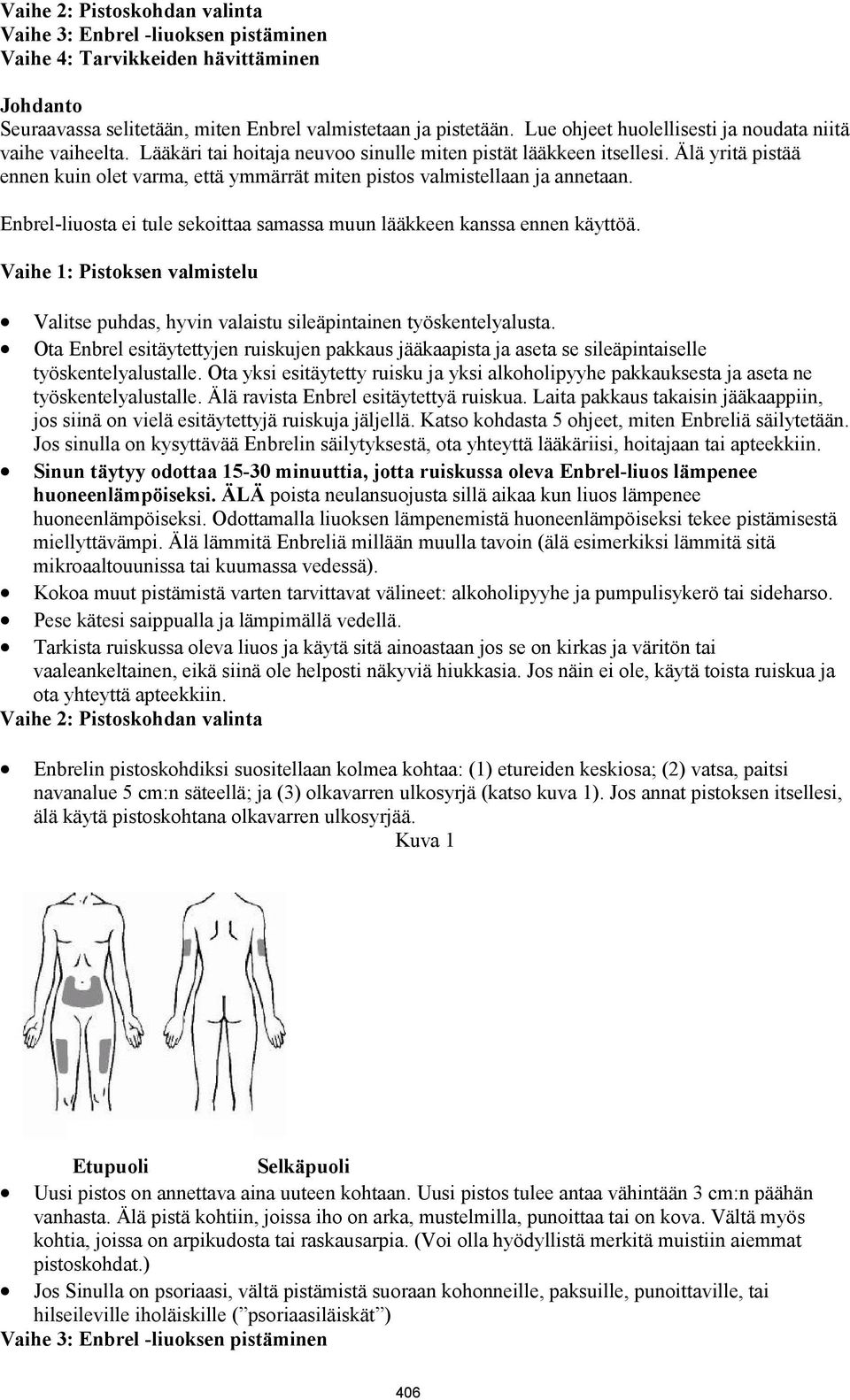 Älä yritä pistää ennen kuin olet varma, että ymmärrät miten pistos valmistellaan ja annetaan. Enbrel-liuosta ei tule sekoittaa samassa muun lääkkeen kanssa ennen käyttöä.