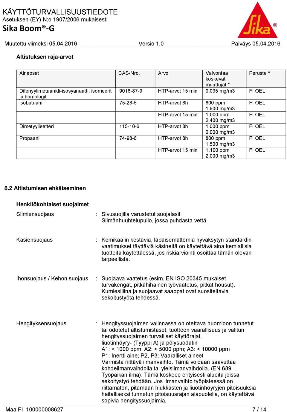 900 mg/m3 HTP-arvot 15 min 1.000 ppm FI OEL 2.400 mg/m3 Dimetyylieetteri 115-10-6 HTP-arvot 8h 1.000 ppm FI OEL 2.000 mg/m3 Propaani 74-98-6 HTP-arvot 8h 800 ppm FI OEL 1.500 mg/m3 HTP-arvot 15 min 1.
